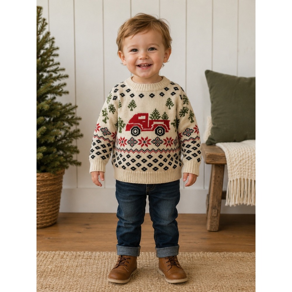Stitch & Stone Kids 2T Holiday Truck Fair Isle Knit Sweater Cream Red Green